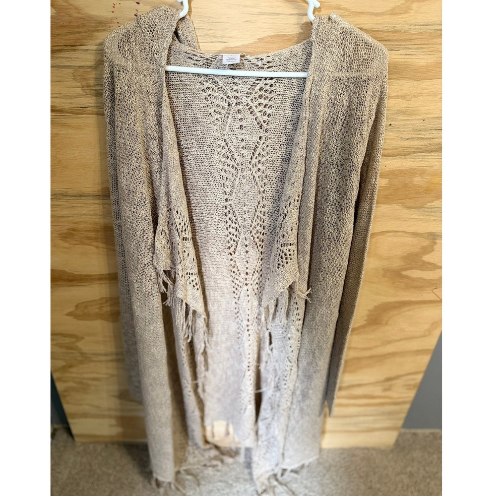 Women's Cardigan Large Beige Hippie Fringe Open Boho Festival‎ Duster Sweater